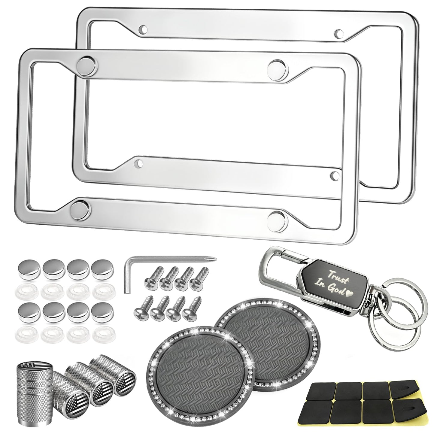 Mirror Polished Stainless Steel License Plate Frame 2 Pack, Rustproof Car Tag Holder Gift Set with Keychain, Cup Holder Mats & T